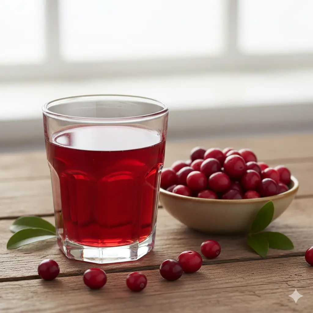 A glass filled with bright, tart-looking cranberry juice next to a bowl of fresh cranberries.