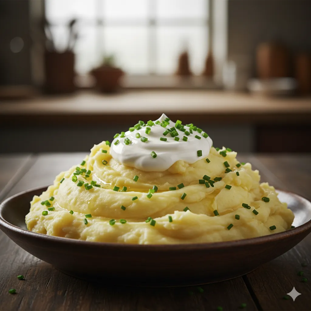 A close-up shot of creamy mashed potatoes garnished with sour cream and chopped chives.