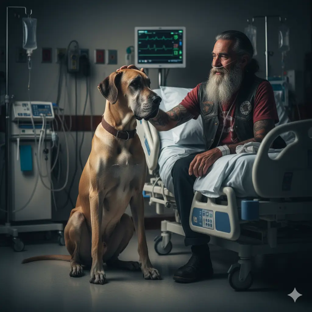 A large Great Dane dog sitting protectively next to a man's bed in a dimly lit hospital ICU room