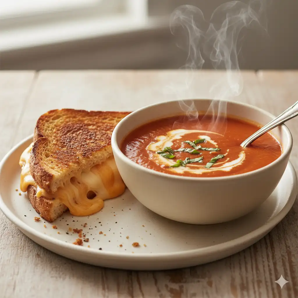 A perfectly made grilled cheese sandwich sliced diagonally next to a warm bowl of tomato soup.