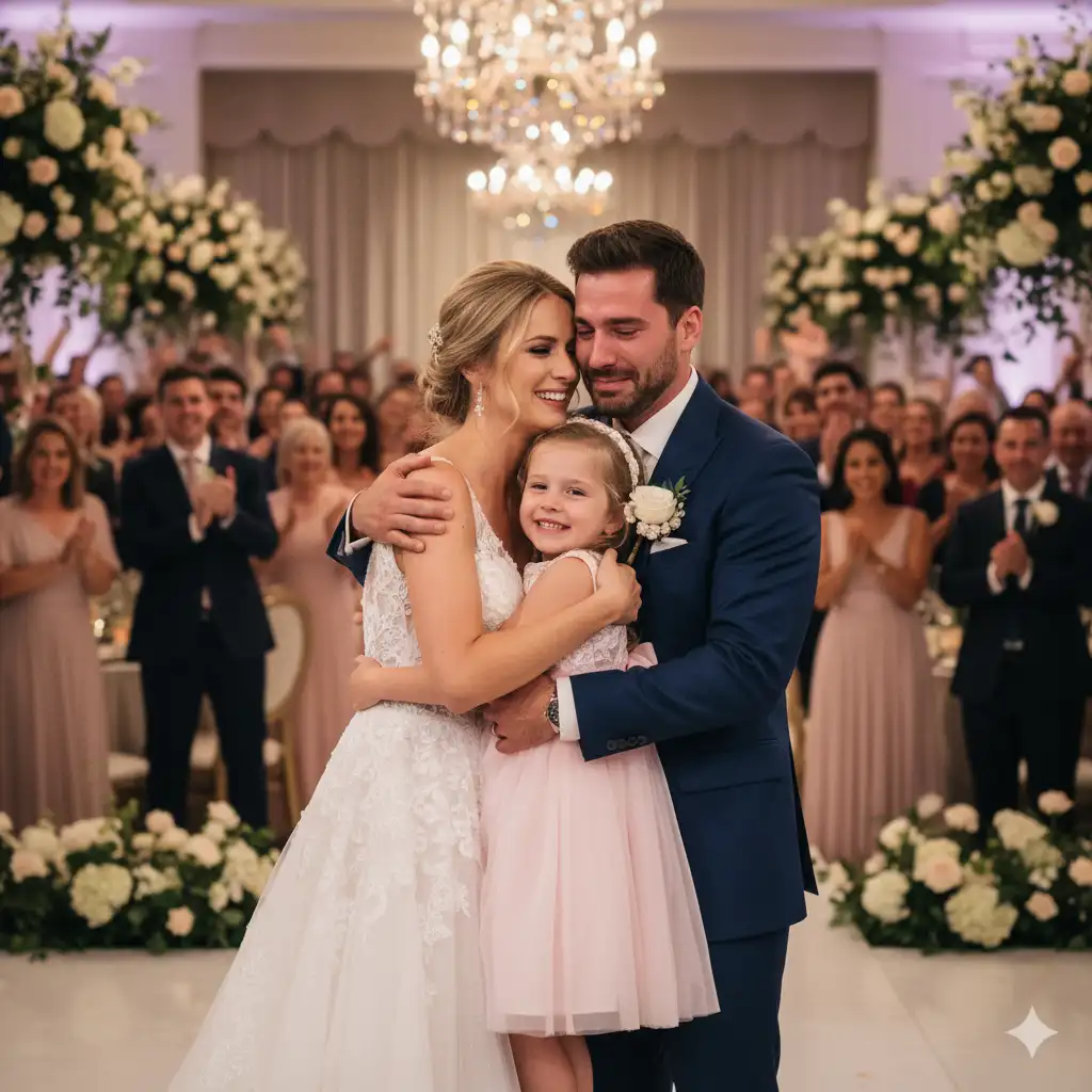 A groom tearfully embracing his bride and stepdaughter at the wedding reception after a triumphant moment.
