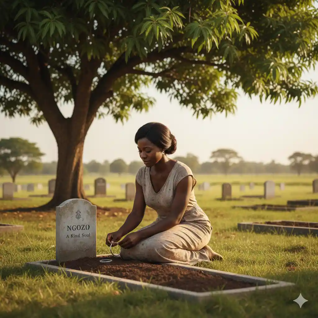 An adult woman kneeling by a simple headstone under a mango tree in a quiet cemetery, placing a small silver bracelet on the grave.