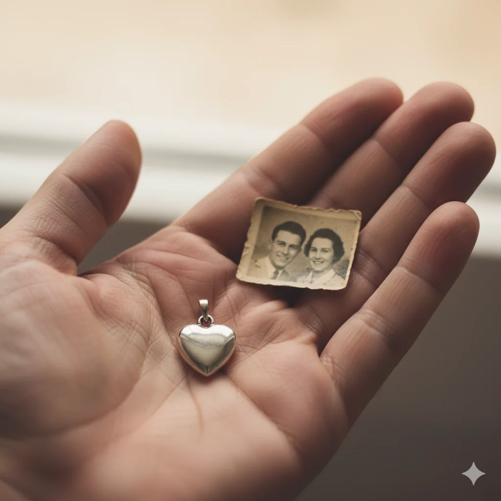 A hand gently holding a small silver pendant and an old black-and-white photograph
