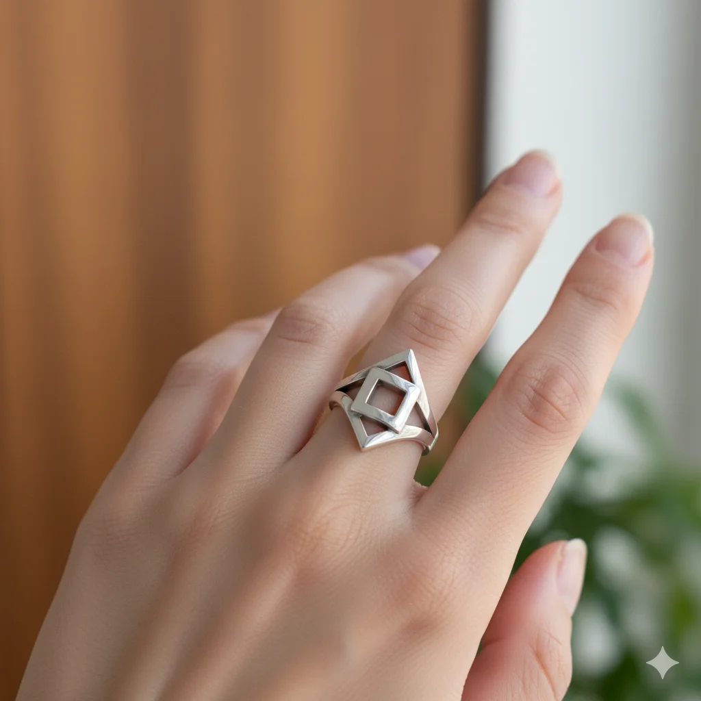 A close-up of a hand with a striking silver ring on the middle finger, highlighting the prominent position.
