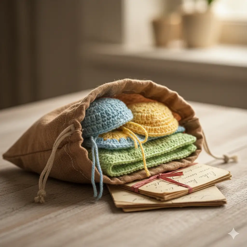 A close-up of a worn fabric bag containing small, carefully handmade crocheted hats, blankets, and sweaters for children.