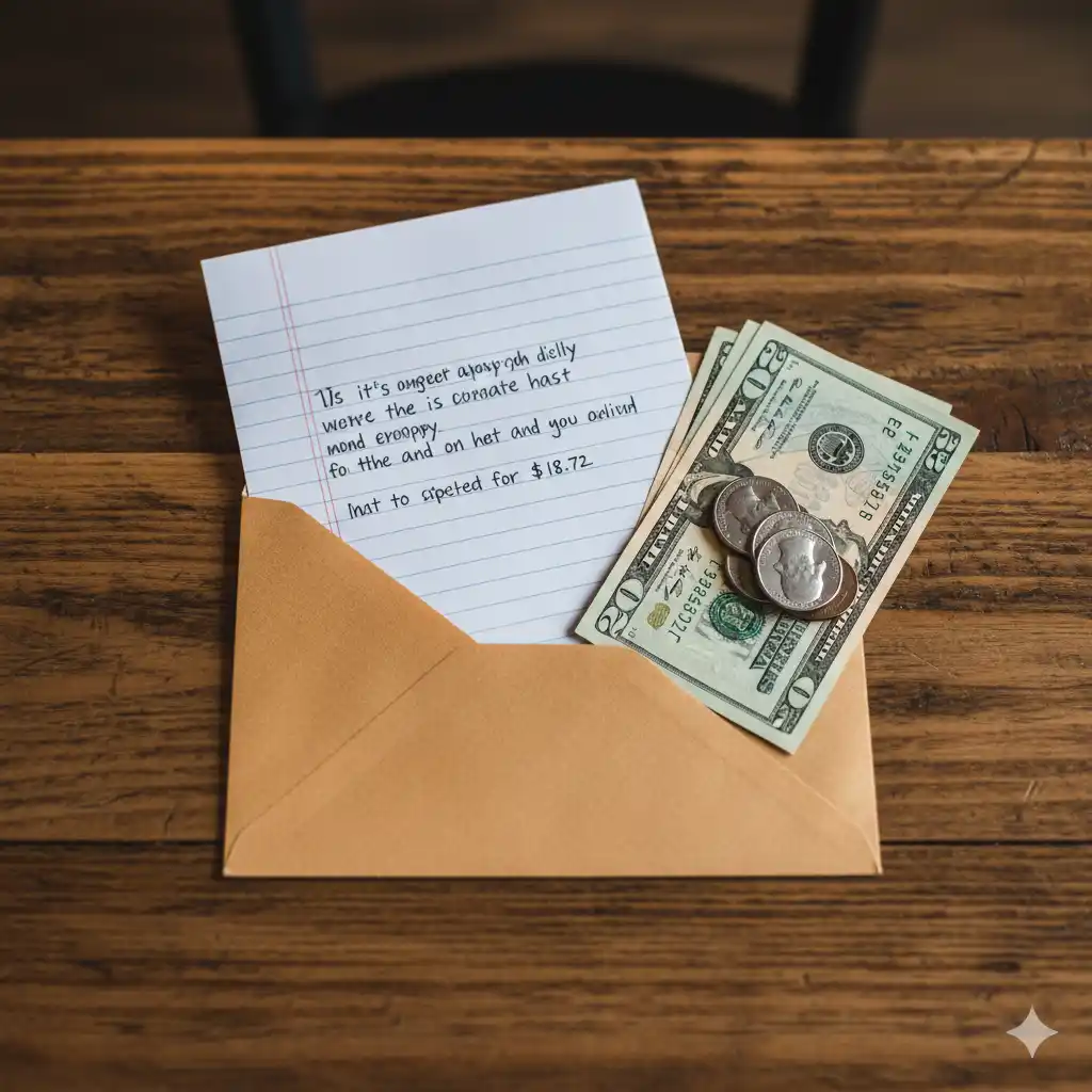 An envelope containing a handwritten apology letter and cash on a wooden table