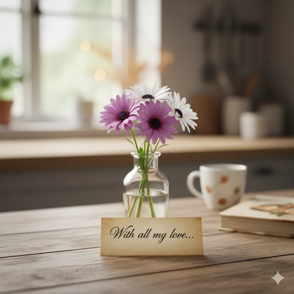 Close-up of a handwritten note placed next to a vase of daisies on a kitchen table