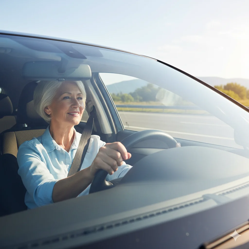 A smiling senior woman comfortably driving a car with a clear windshield.