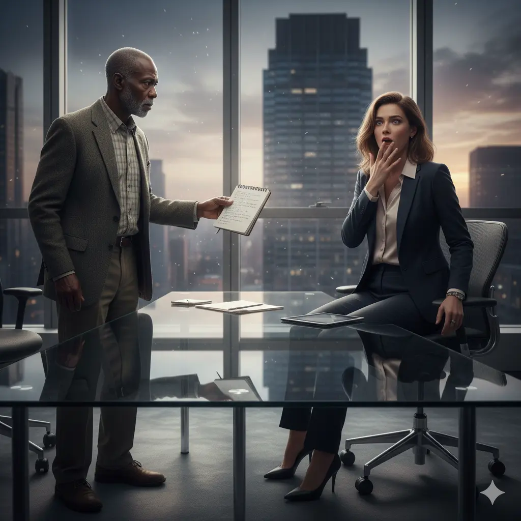 A dramatic scene in a modern, high-rise office. An elderly Black man in modest clothes is confronting a stunned, well-dressed female CEO across a large glass desk, holding a small notebook.