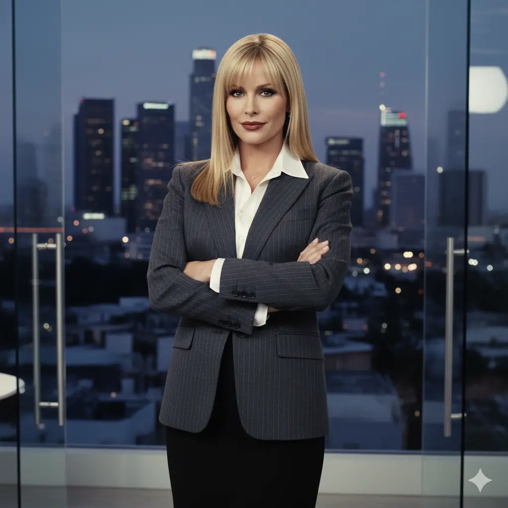 Heather Locklear in her iconic 1990s look as Amanda Woodward on Melrose Place, conveying power and glamour