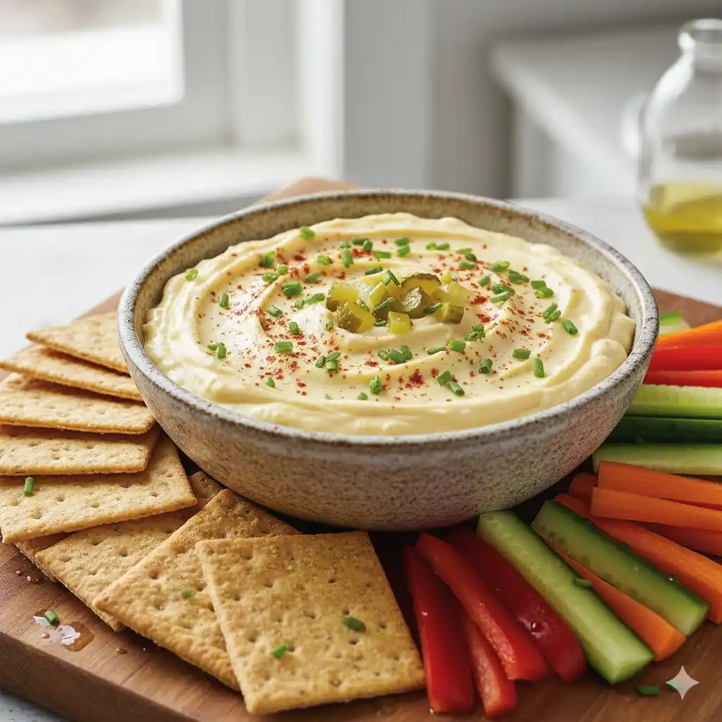 A creamy, smooth deviled egg dip garnished with paprika and chives, served in a bowl with crackers and vegetable sticks.