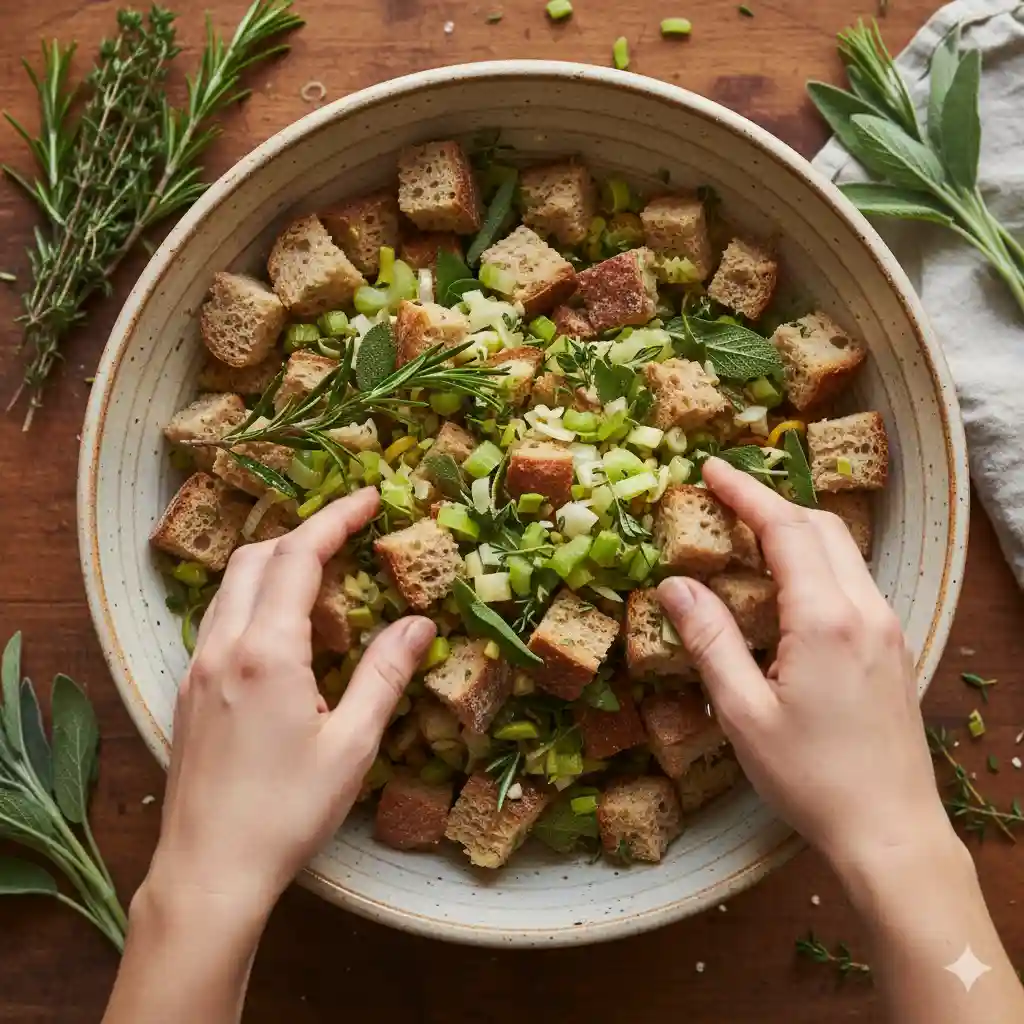 Hands mixing dried bread cubes, sautéed celery, leeks, and fresh herbs in a large bowl.