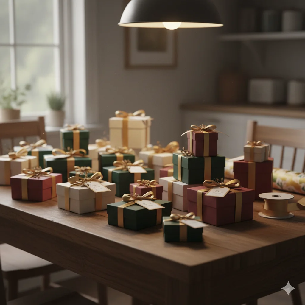 Kitchen table covered with many small, ribbon-wrapped gifts and personalized tags