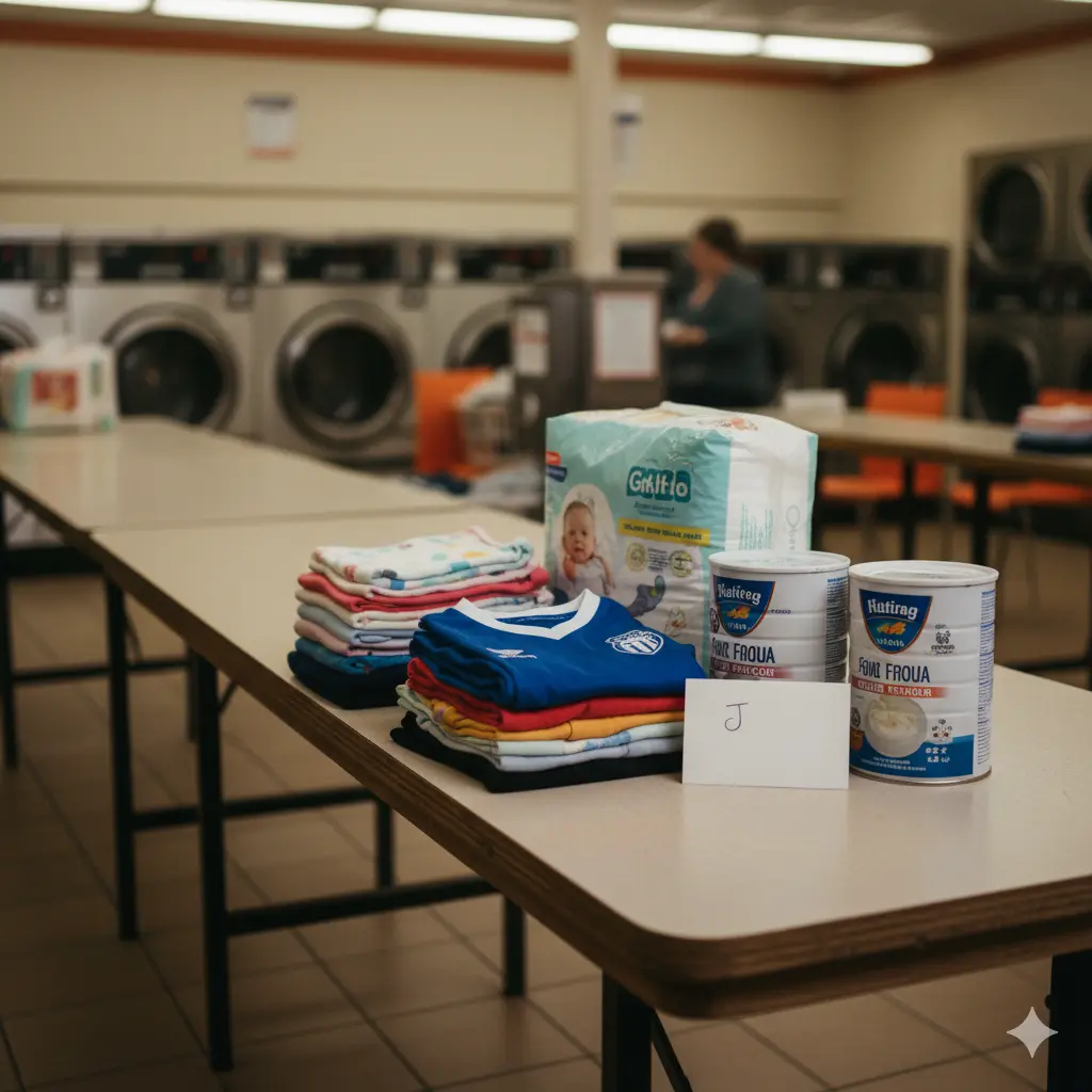 A folding table at a laundromat with neatly folded clothes, diapers, formula, and a handwritten note placed on top.