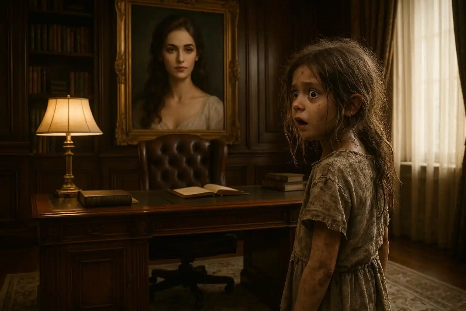 An 8-year-old girl standing in a luxurious study, staring with shock and recognition at a framed photograph of her mother on the wall.