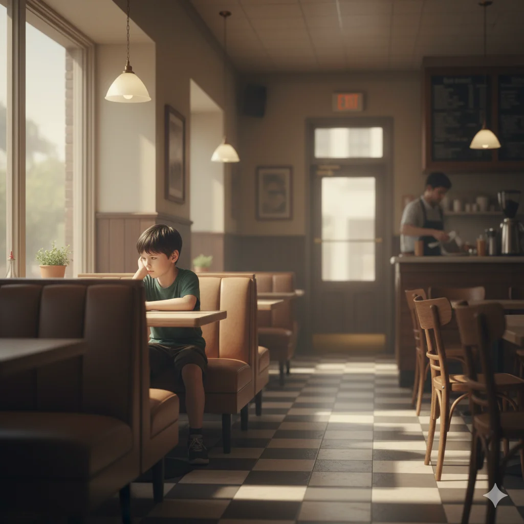 A small, lonely boy sitting quietly in the corner booth of a cozy café, looking tired.