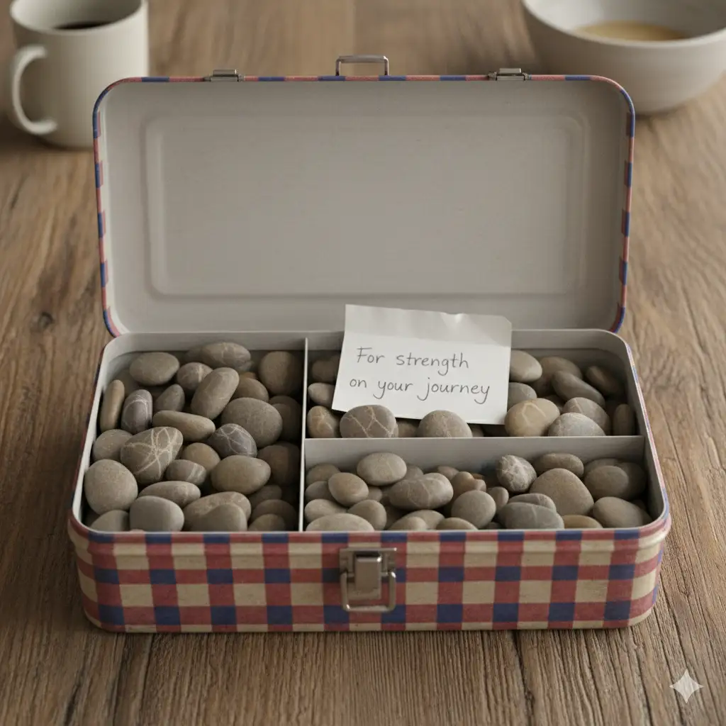 A packed lunchbox sitting on a kitchen counter, opened to show it is filled with small stones and a handwritten note