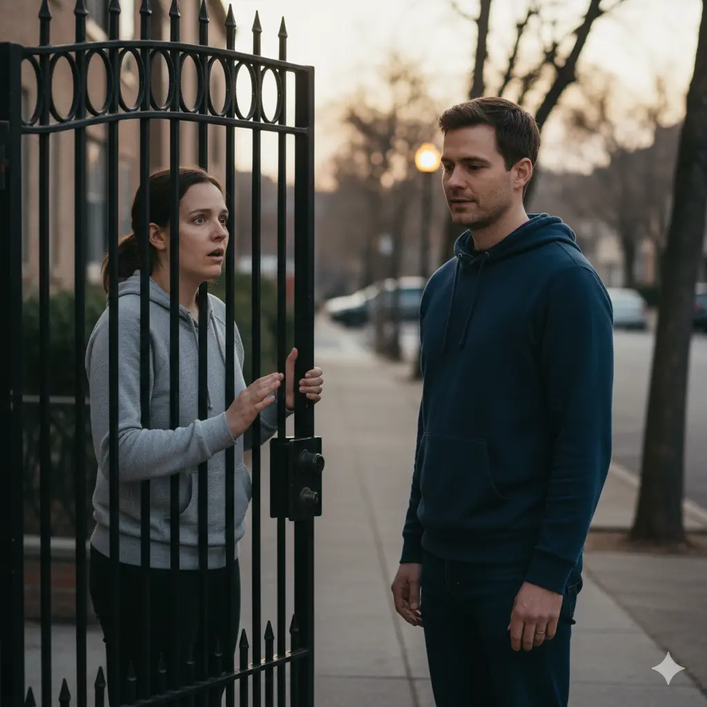 A woman standing at her door talking to a man standing near the front gate, looking surprised.