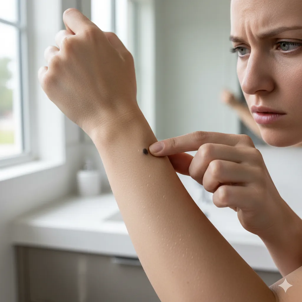 A person examining a mole or spot on their arm in a well-lit room, looking concerned.