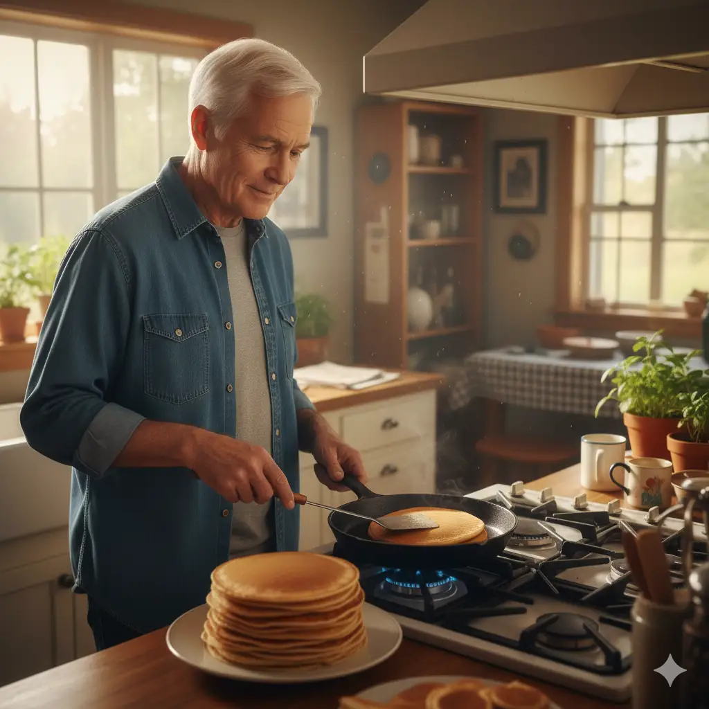 A quiet, kind man (Gary) making pancakes on a stove on a Sunday morning, showing simple domestic devotion.