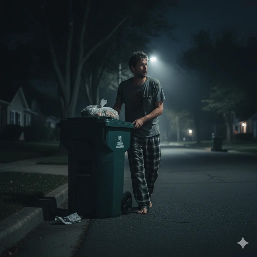 A man discreetly taking out a trash bin in the middle of a dark suburban night.