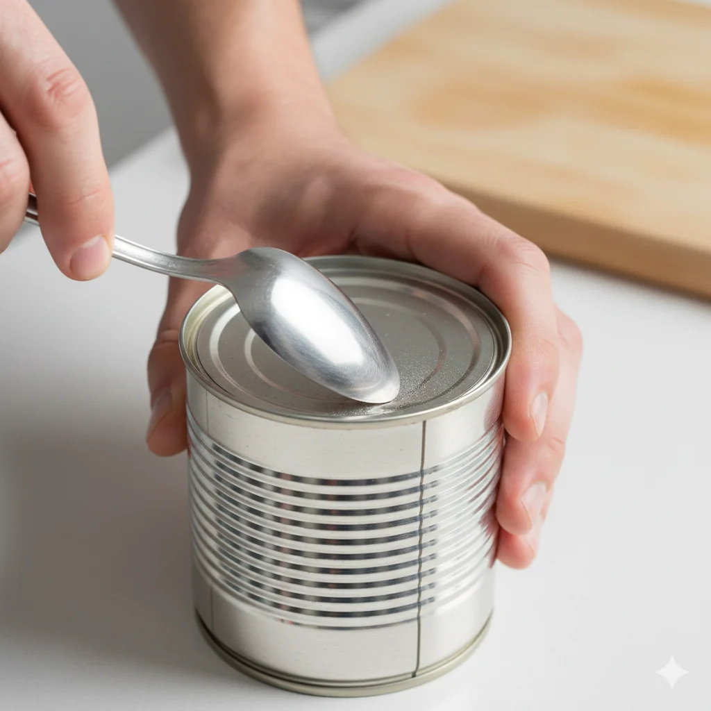 A close-up shot of a metal spoon tip being firmly rubbed back and forth on the inner rim of a sealed food can.