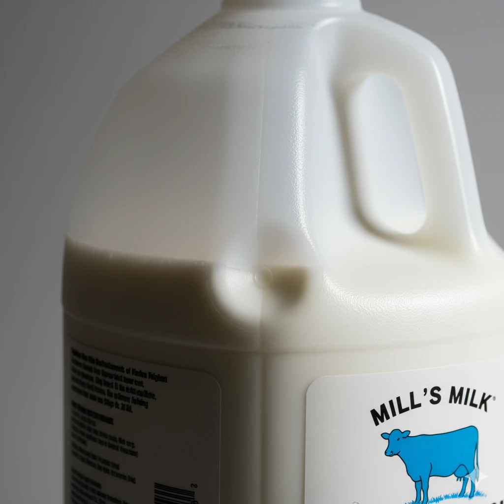 A plastic milk jug showing a clear, small round dent on the side, highlighting the intended feature.