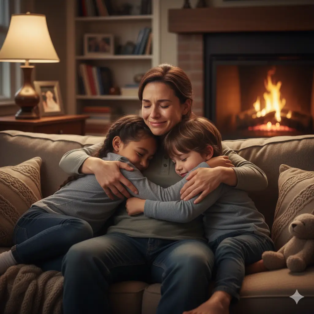 A mother holding her two children tightly in their living room, looking relieved and safe after the conflict.