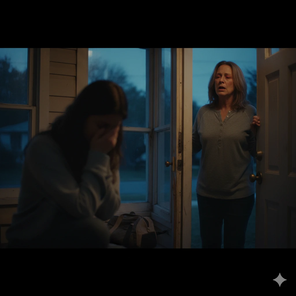 A tired, gentle mother standing hesitantly in an open doorway, speaking to her distraught adult child.