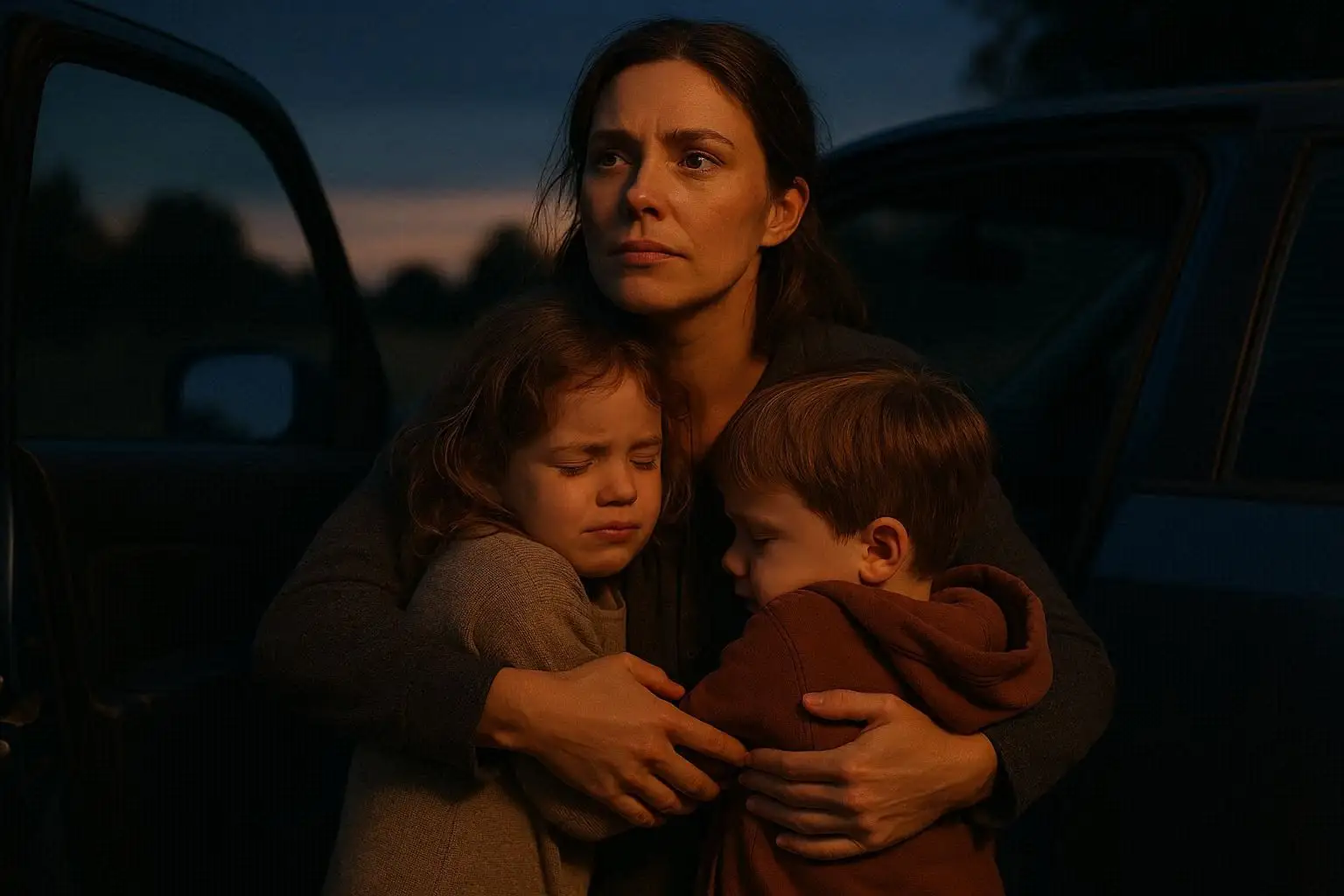 A mother hugging her two children tightly by the car, looking determined and protective.