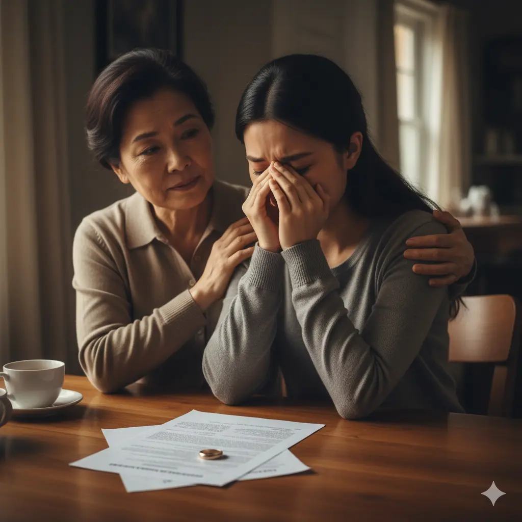 A mother gently comforting her daughter who is tearfully sitting at a dining table, having a difficult conversation.