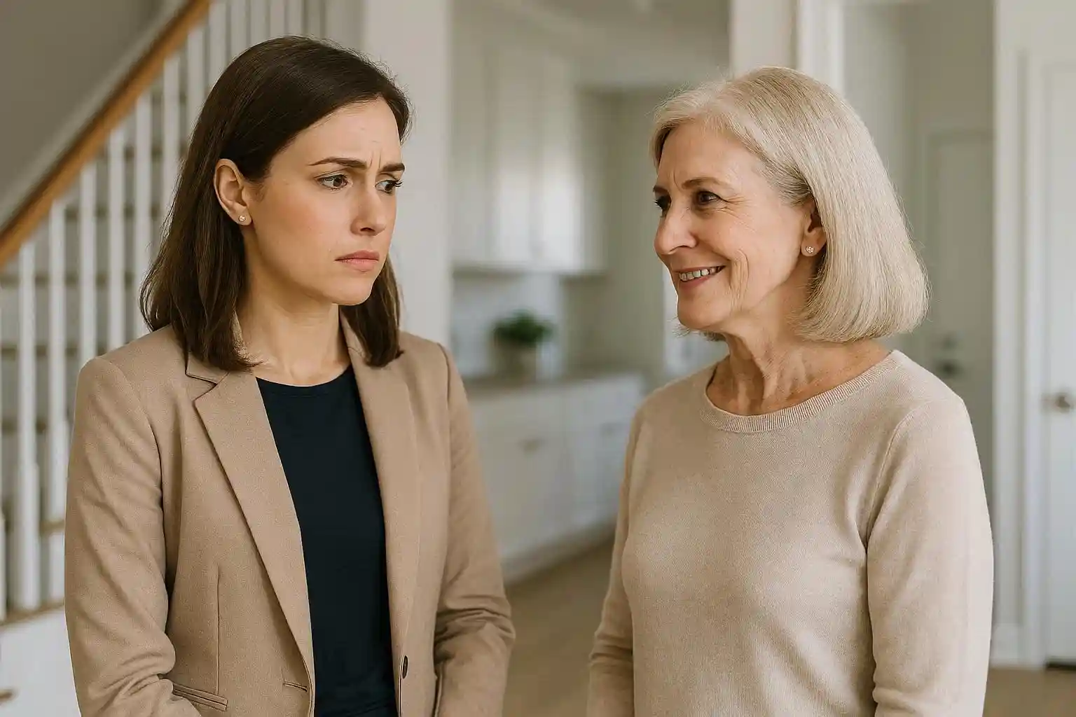 A depiction of a polite but intense interaction between a mother and her mother-in-law, showing tension.