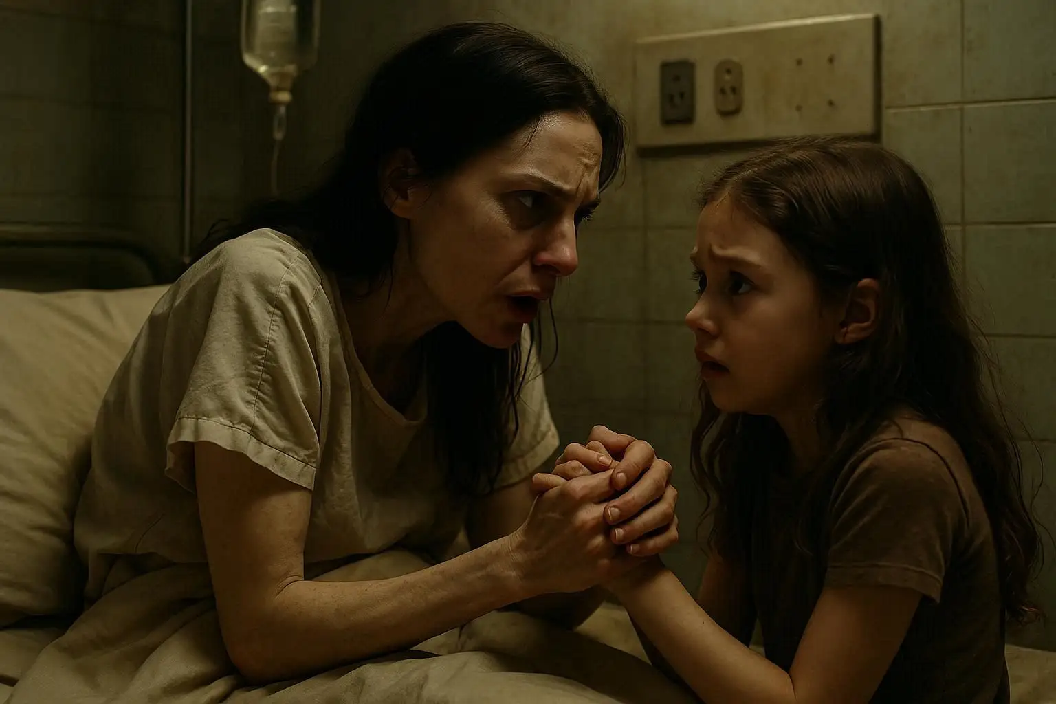 A mother in a hospital bed holding her daughter's hands, with a pained expression as she reveals a life-altering secret.