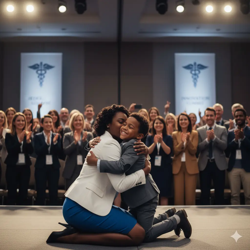 A Black female CEO kneeling to hug her smiling young son after giving a powerful speech at a conference.