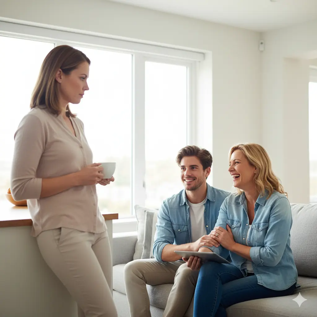 A mother (40s) introducing her charming, younger partner (20s) to her adult daughter, with the daughter showing subtle hesitation.