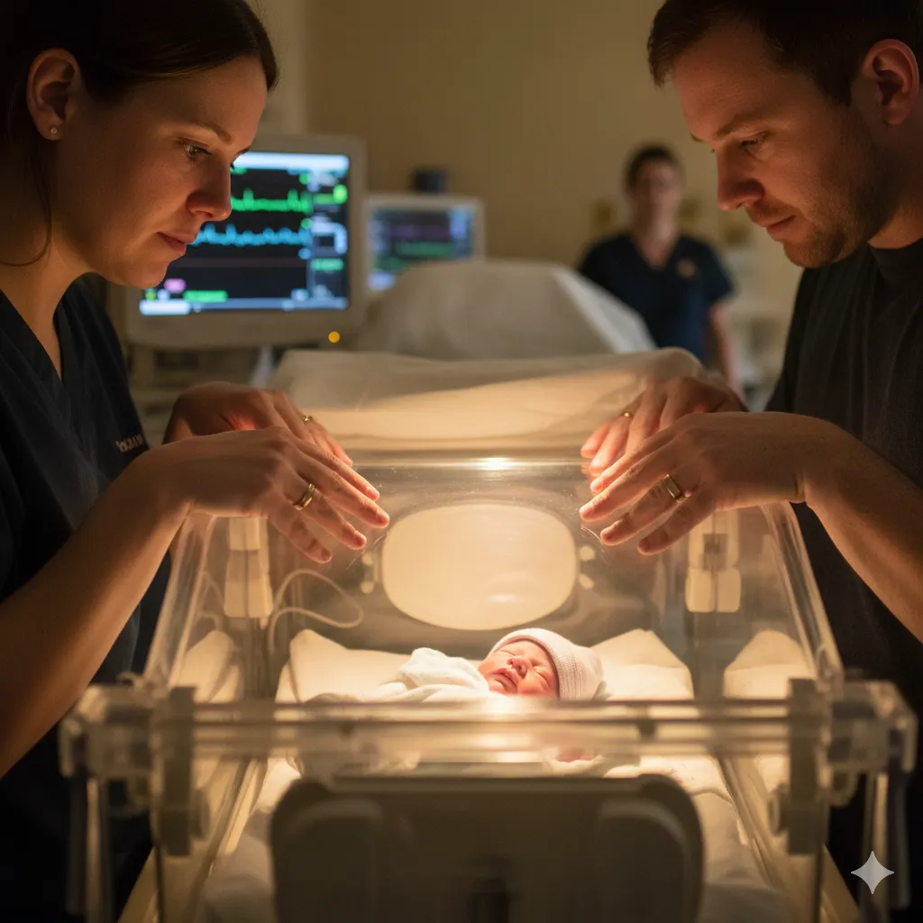 A soft, quiet image inside a Neonatal Intensive Care Unit (NICU) with the parents looking over the isolette at their baby.