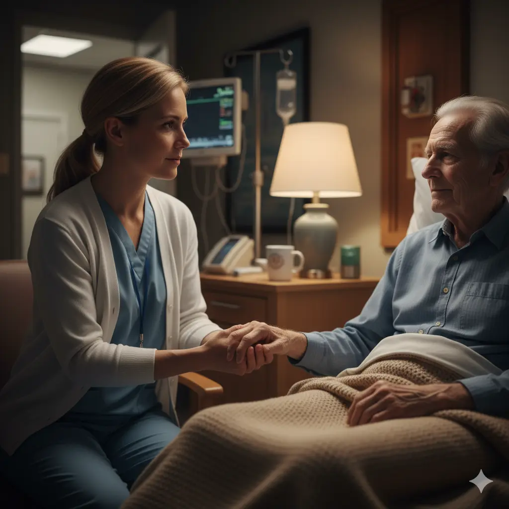 A caring nurse gently holding the hand of an elderly patient in a hospital bed, showing empathy.