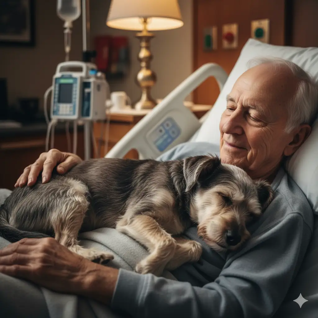 A small, graying dog nestled peacefully on the chest of an elderly man in a hospital bed.