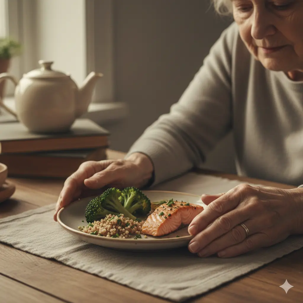 An older woman sitting alone at a kitchen table, gently pushing away a plate of food, showing loss of appetite