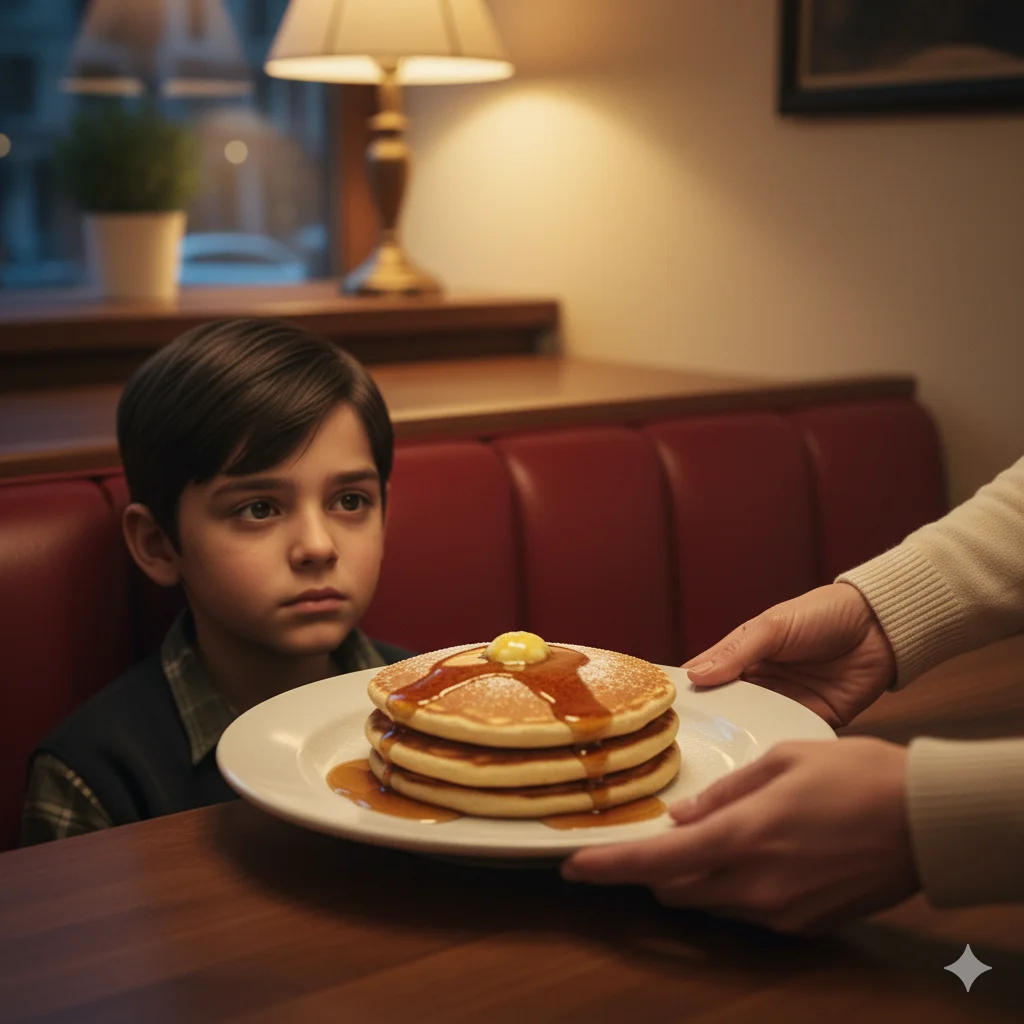 A kind hand placing a plate of warm pancakes in front of a small boy in a cafe booth.