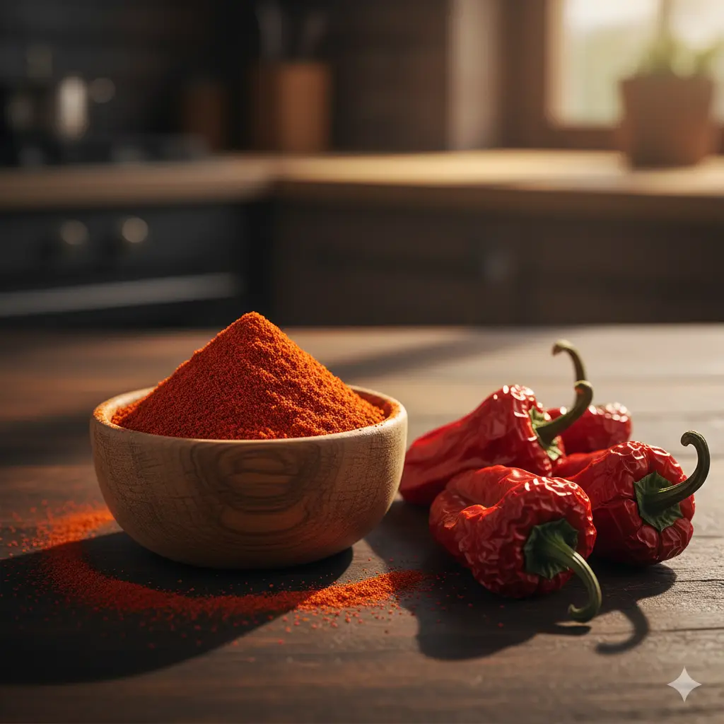 Close-up of bright red paprika powder next to a bowl of dried red bell peppers (the source).