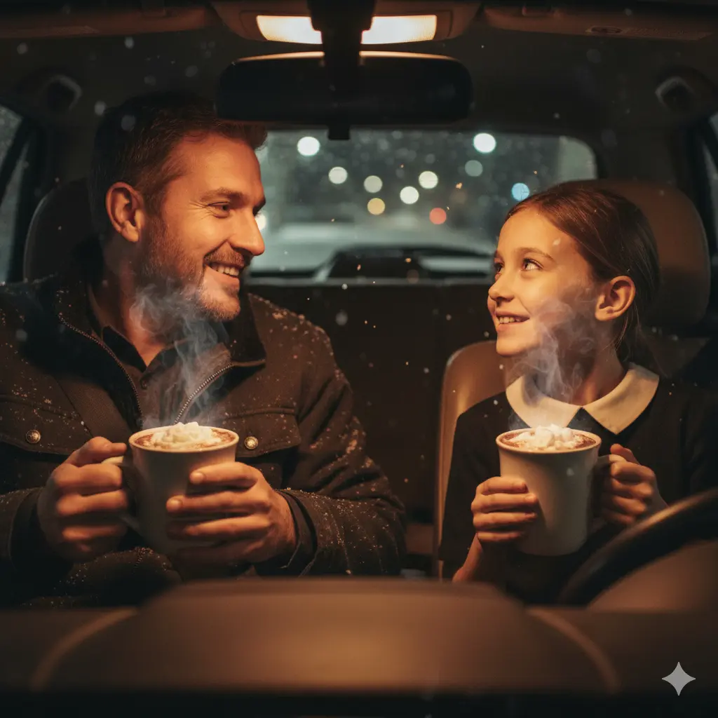 A close-up of a stepdad and child sharing hot cocoa in a warm car, smiling after the concert.