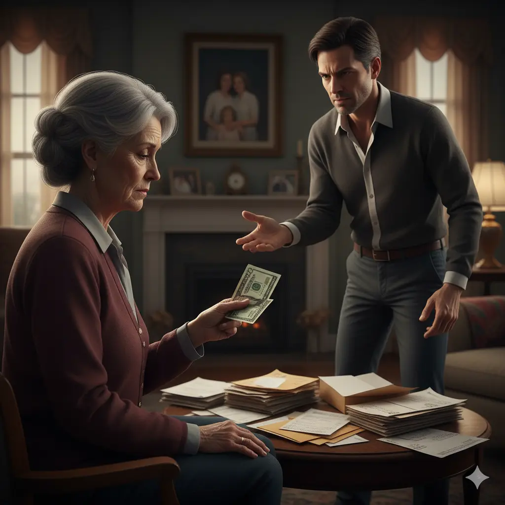 An older parent looking conflicted while handing money to a demanding adult child.