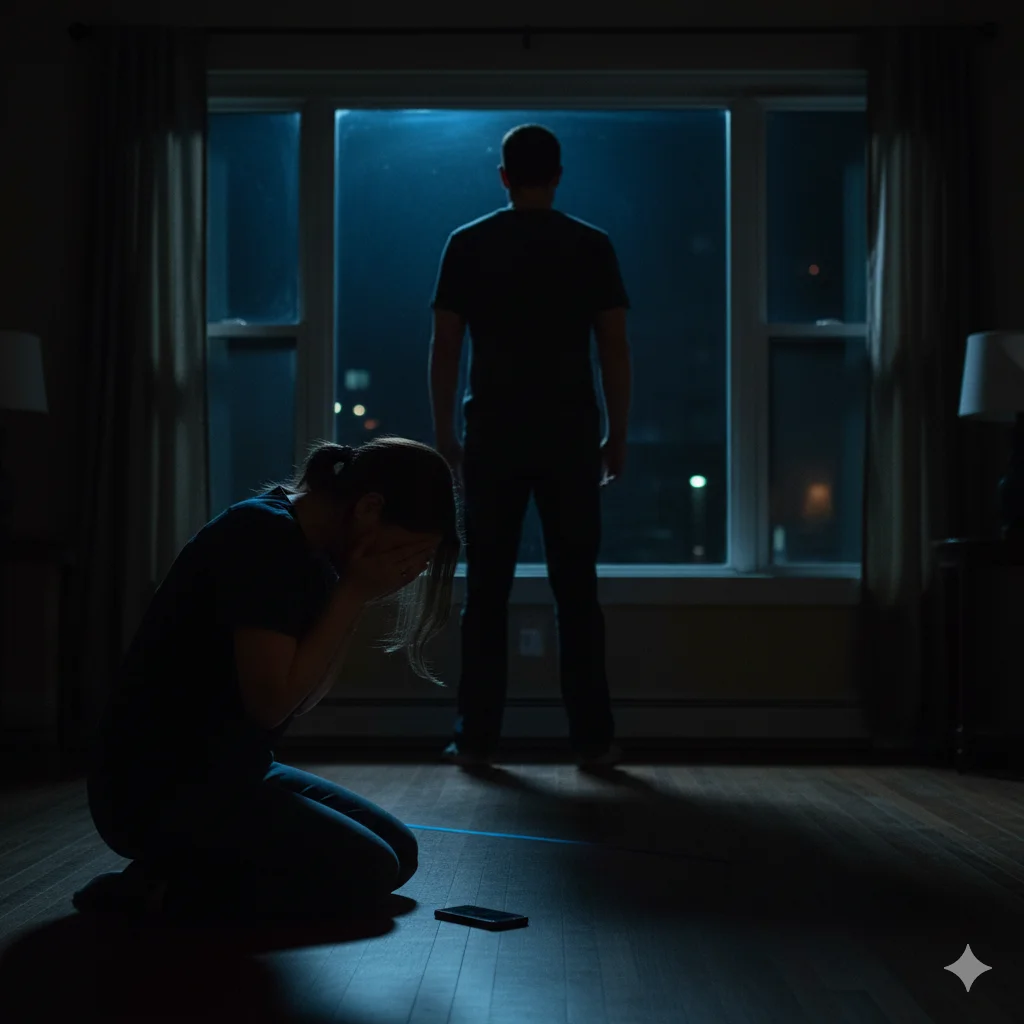 A dramatic scene where a woman is kneeling on the floor, confessing a secret to her husband, who stands facing a window.