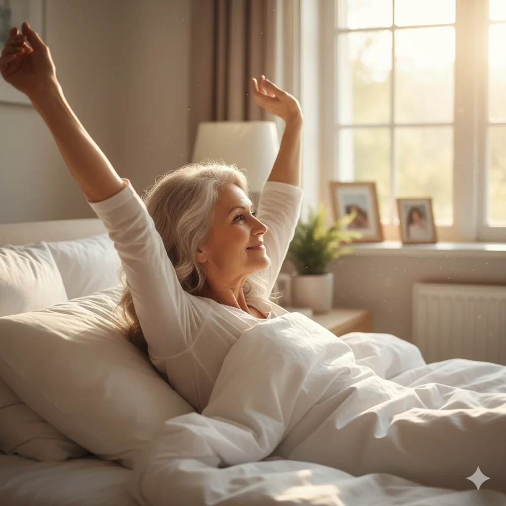 A senior person waking up peacefully in a sunny room, smiling and stretching without immediate stress.