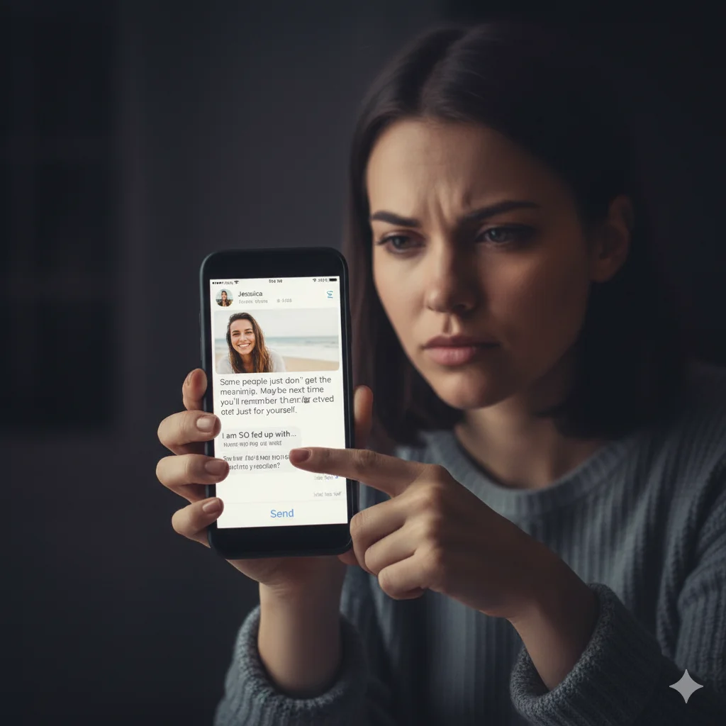 A person intensely looking at their phone screen, taking a screenshot and typing a confrontational message.