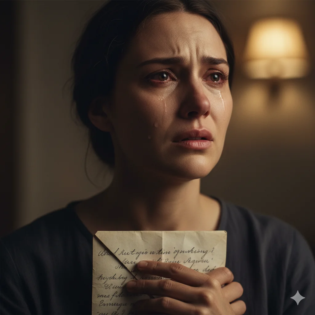 A person tearfully reading a handwritten letter, the emotion overwhelming them.
