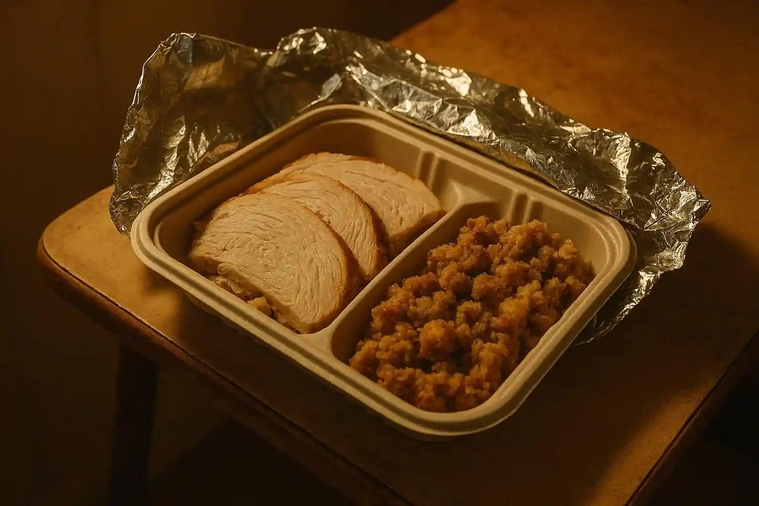 A plastic container of Thanksgiving leftovers, wrapped in foil, sitting on a worn kitchen table, illuminated by warm light.