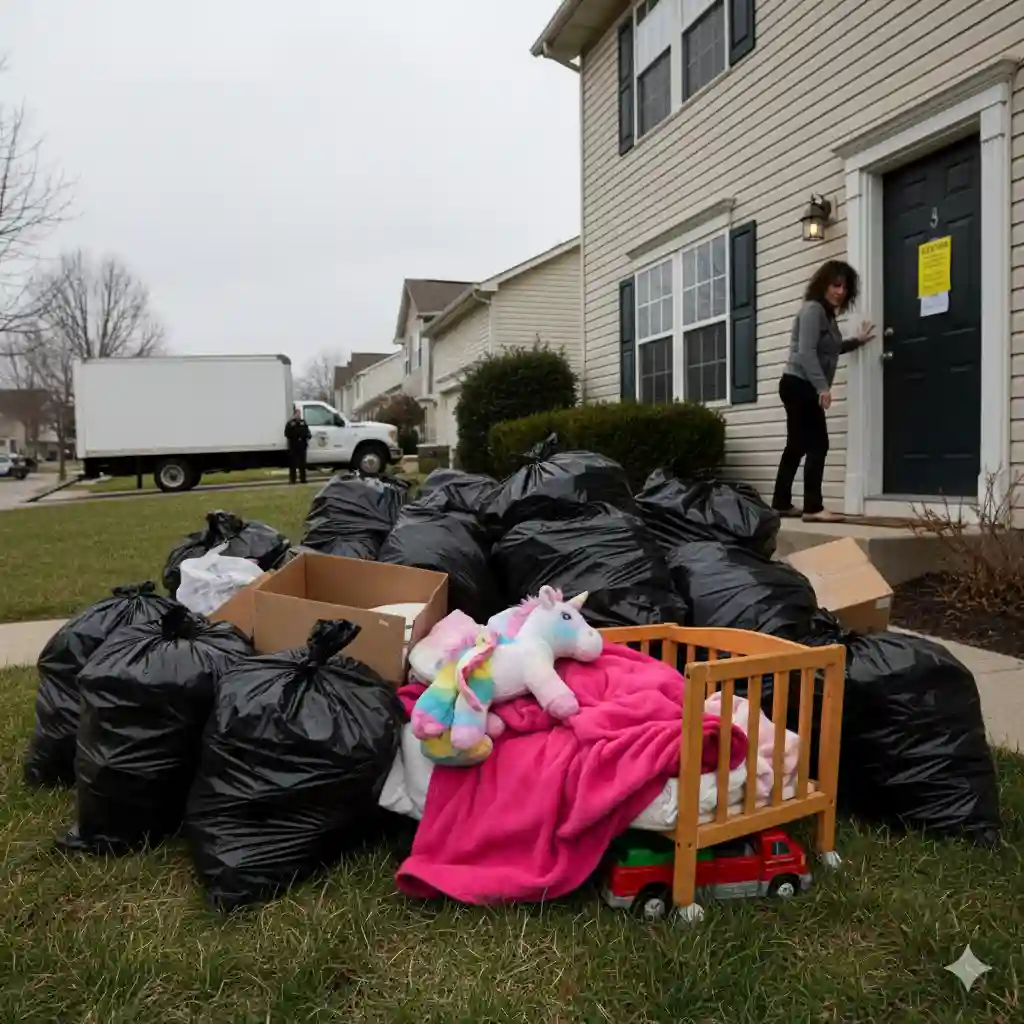 Trash bags and belongings, including children's toys, piled up on a suburban lawn.