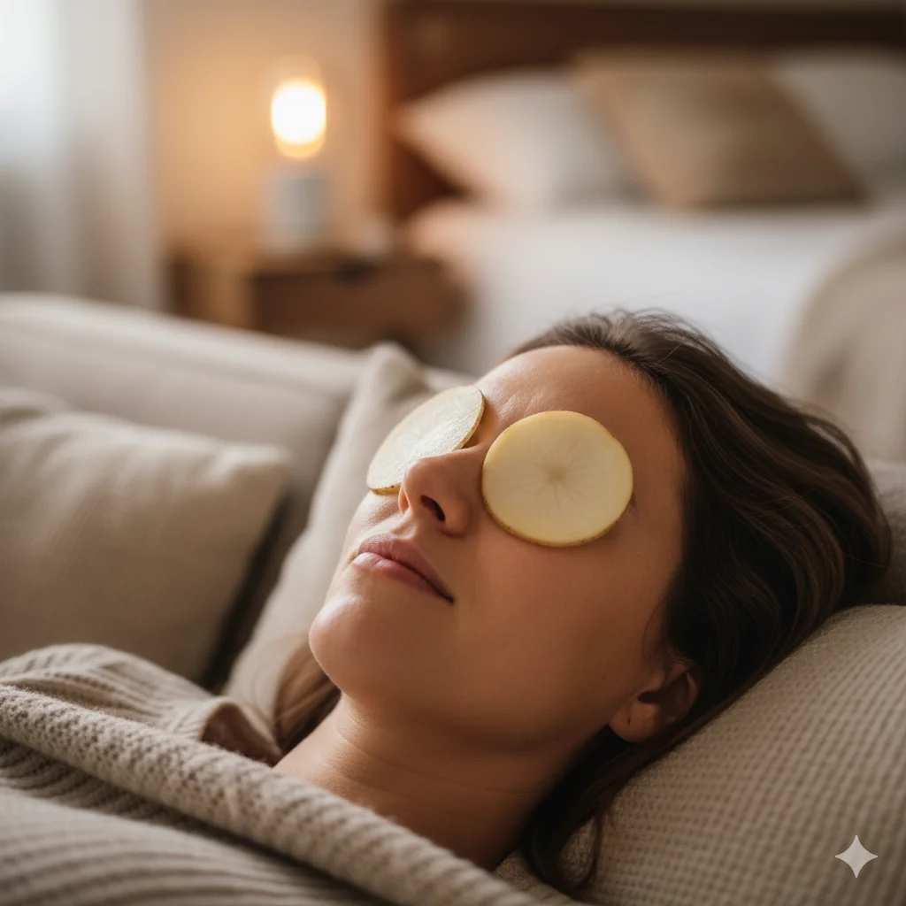 A person lying down comfortably with two slices of raw potato placed over their closed eyes.